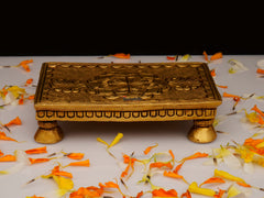 Brass Chowki Rectangular with Flower Carving & 4 Legs - 4x2.75 Inch