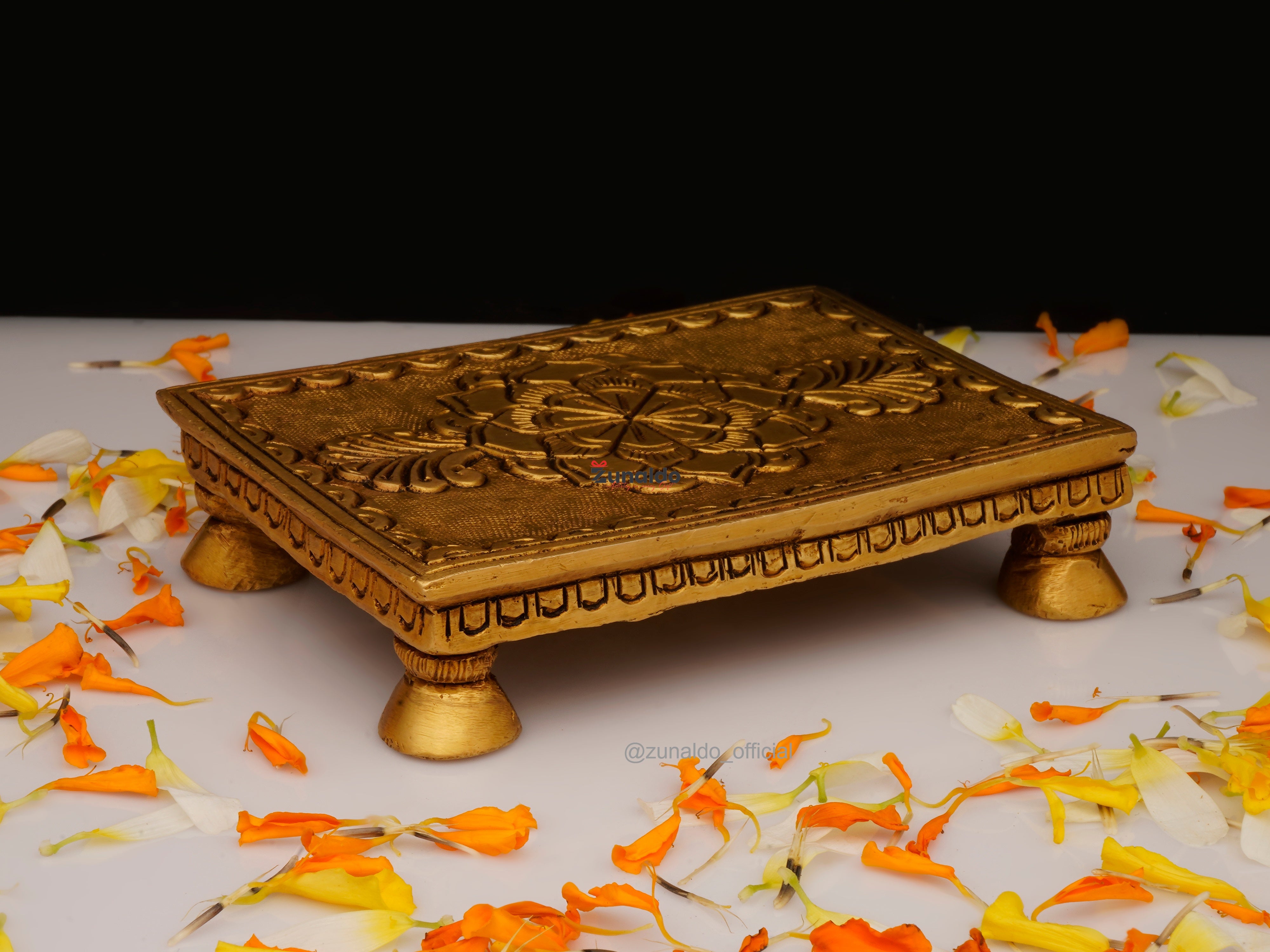 Brass Chowki Rectangular with Flower Carving & 4 Legs - 4x2.75 Inch