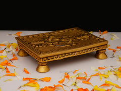 Brass Chowki Rectangular with Flower Carving & 4 Legs - 4x2.75 Inch