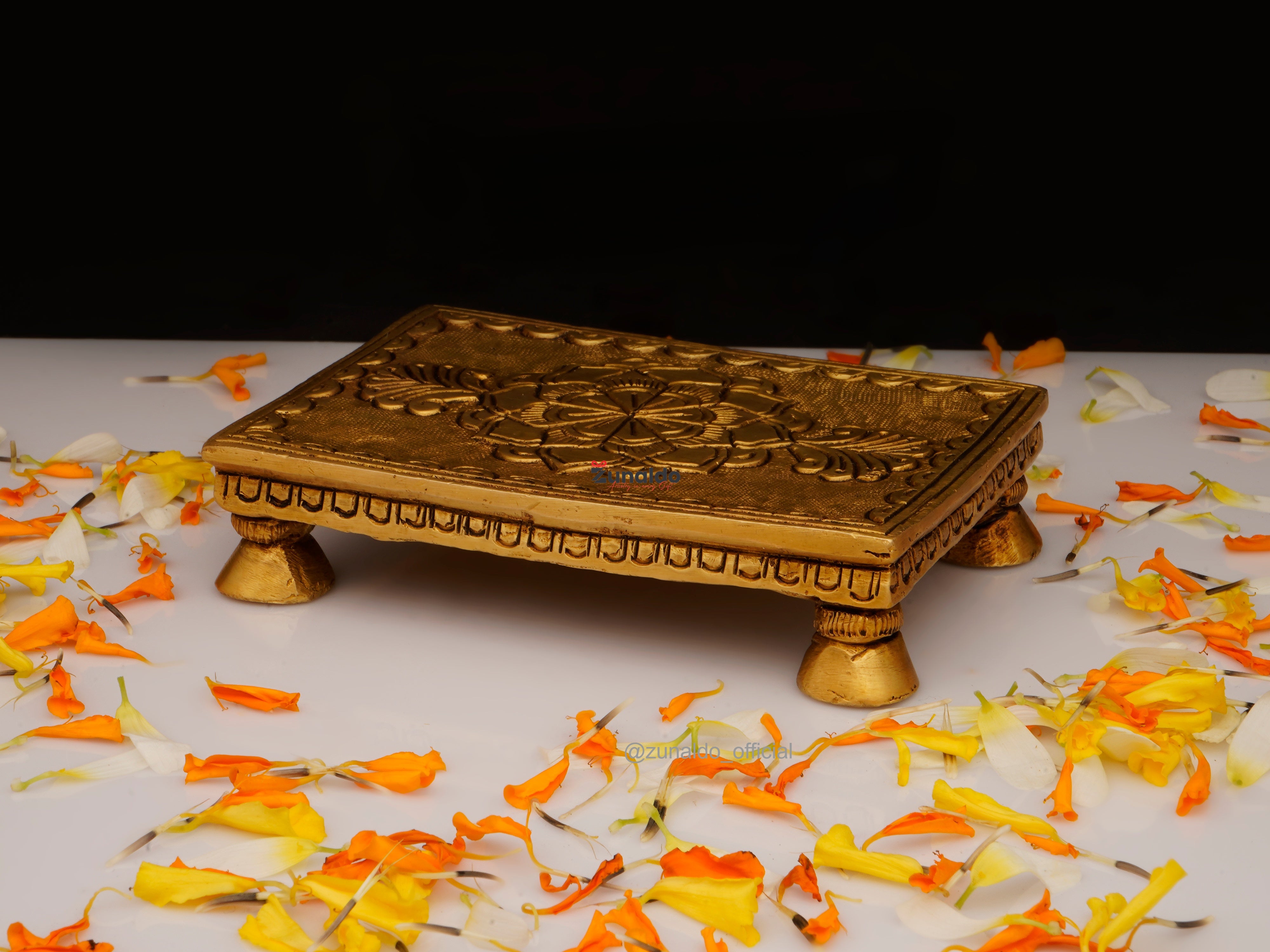 Brass Chowki Rectangular with Flower Carving & 4 Legs - 4x2.75 Inch
