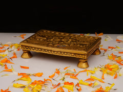 Brass Chowki Rectangular with Flower Carving & 4 Legs - 4x2.75 Inch