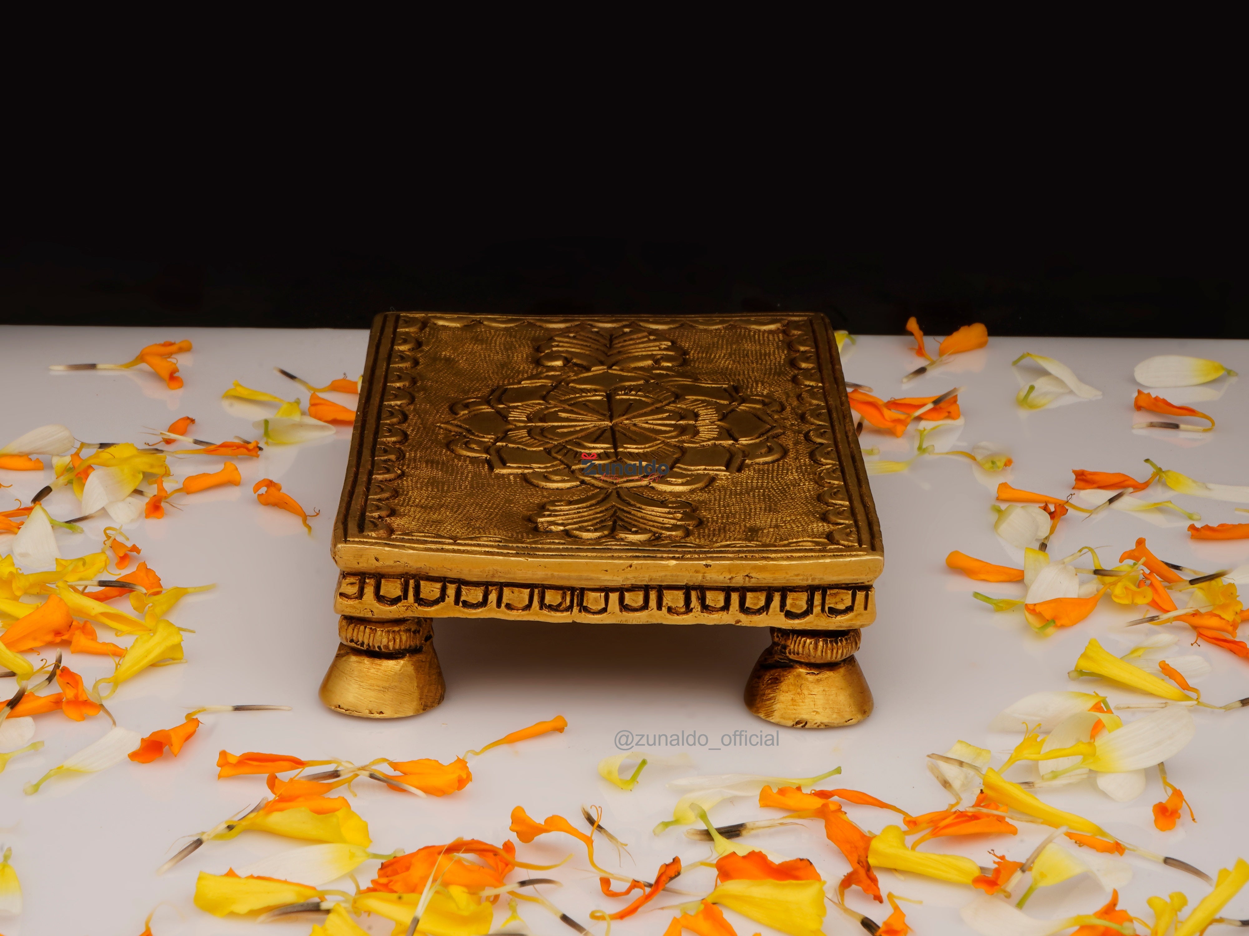 Brass Chowki Rectangular with Flower Carving & 4 Legs - 4x2.75 Inch