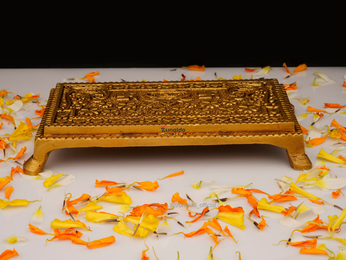 Brass Chowki Rectangular with Kalash, Swastik & Peacock - 5x3.25 Inch
