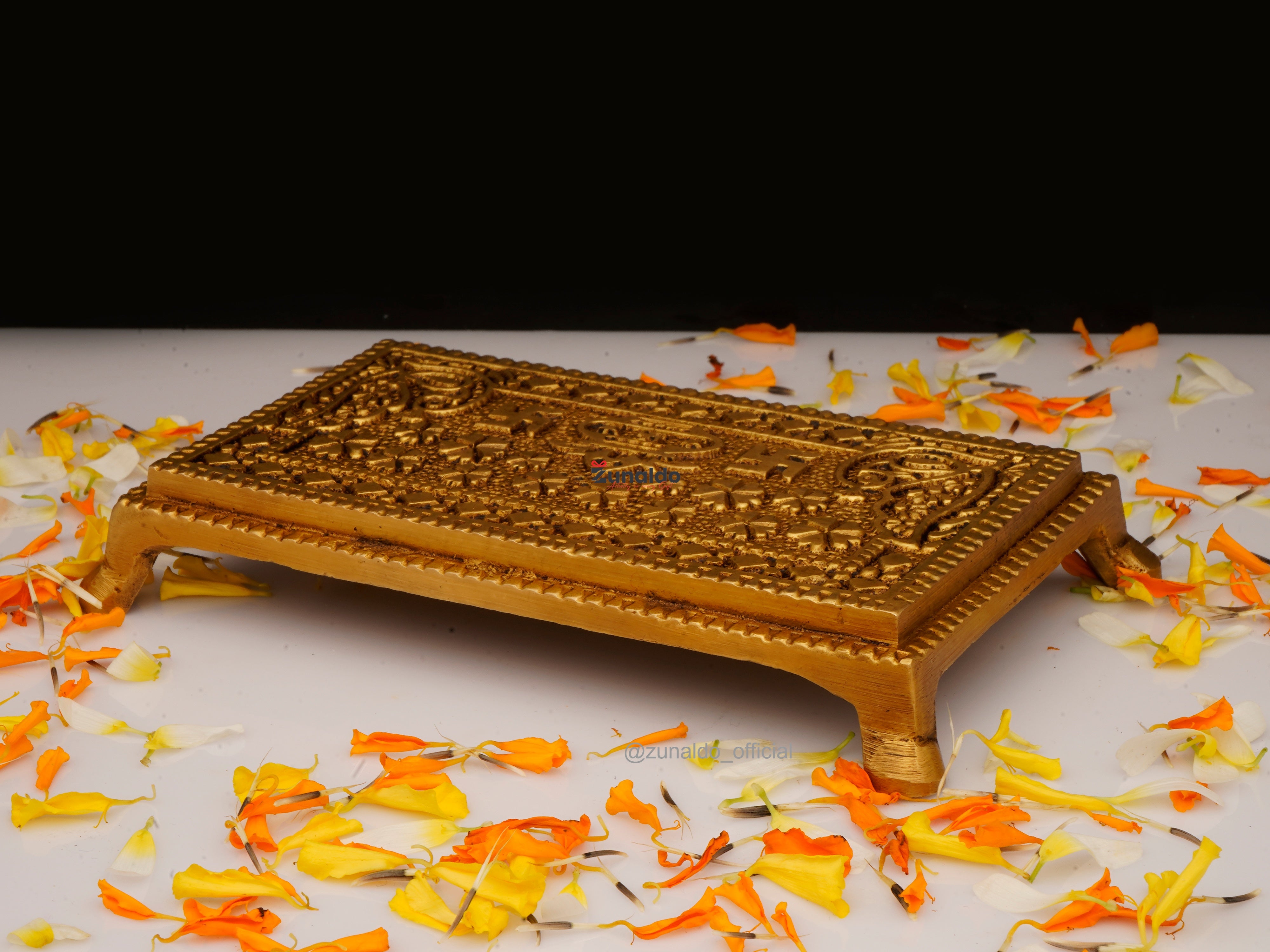 Brass Chowki Rectangular with Kalash, Swastik & Peacock - 5x3.25 Inch