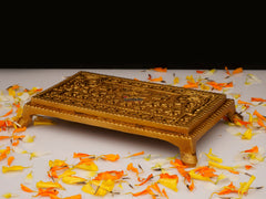 Brass Chowki Rectangular with Kalash, Swastik & Peacock - 5x3.25 Inch