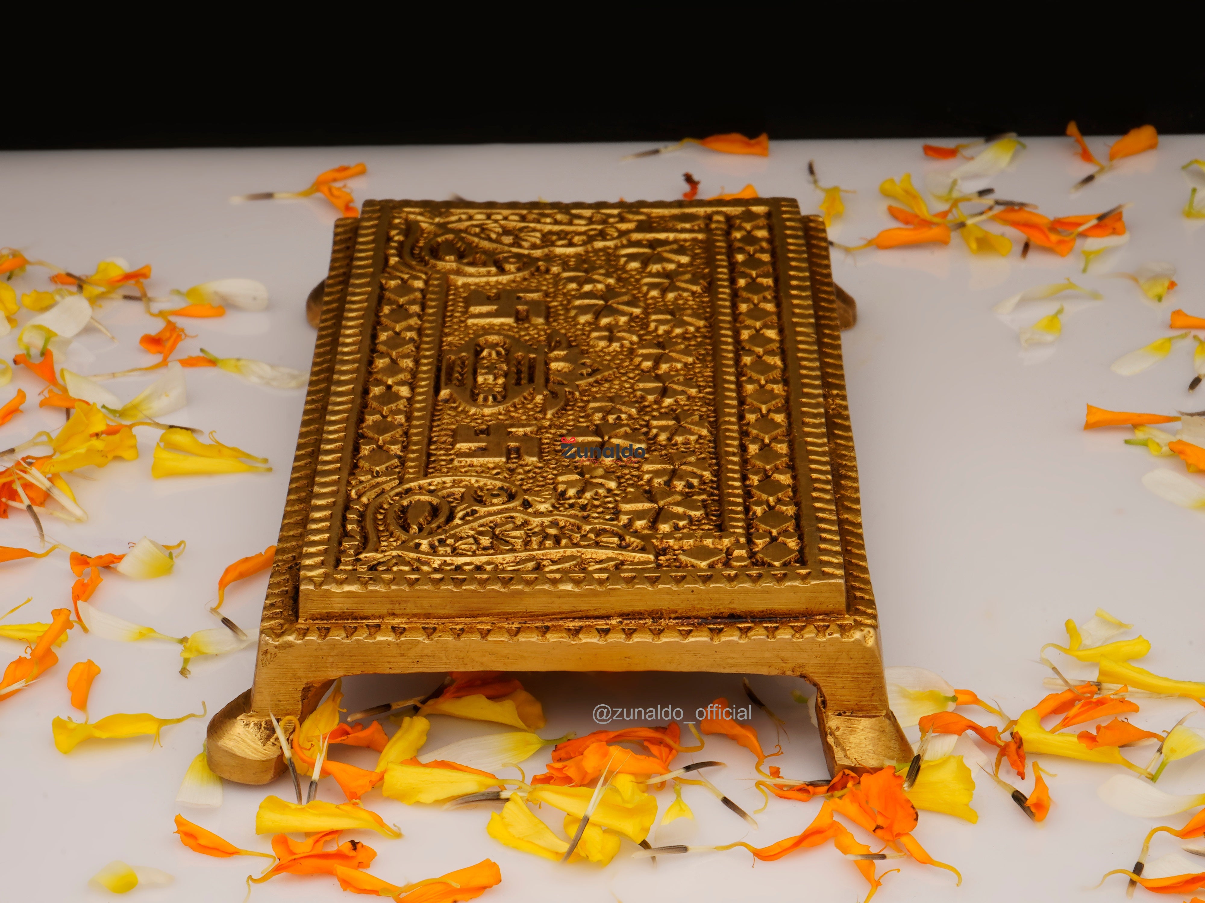 Brass Chowki Rectangular with Kalash, Swastik & Peacock - 5x3.25 Inch