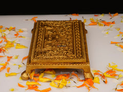 Brass Chowki Rectangular with Kalash, Swastik & Peacock - 5x3.25 Inch