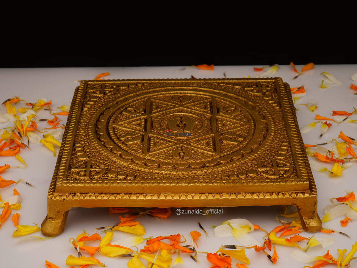 Brass Chowki Square Shape with Yantra & Paduka - 5.25 Inch