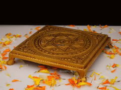 Brass Chowki Square Shape with Yantra & Paduka - 5.25 Inch