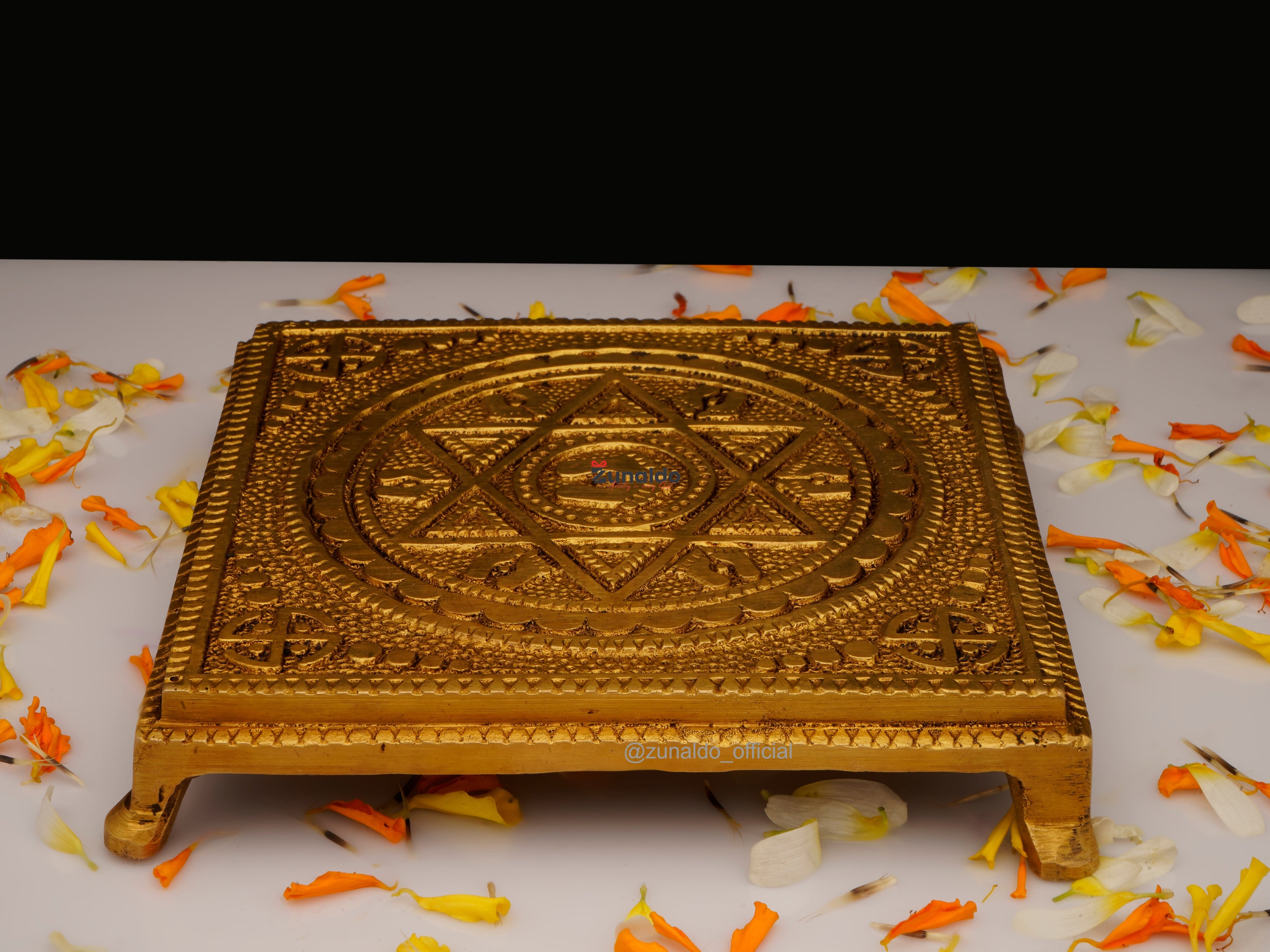 Brass Chowki Square Shape with Yantra & Paduka - 5.25 Inch