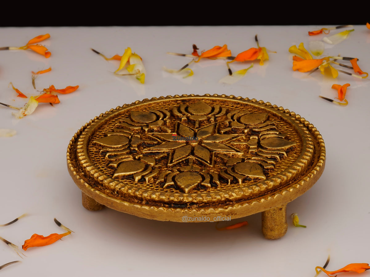 Brass Chowki Round - Handcrafted Puja Decor (3.5 Inch)