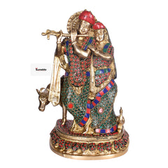 Radha Krishna Idol with Cow – Handcrafted Brass Statue with Multicolor Stone Work (12 Inch)