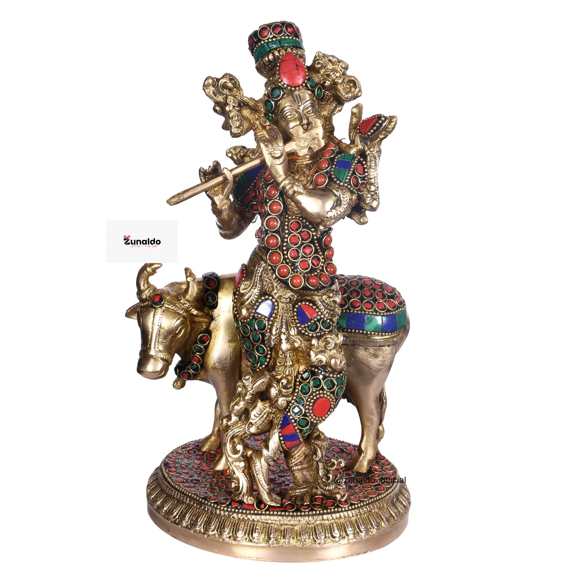 Lord Krishna with Cow – Pure Brass Statue with Multicolor Stone Work 10"