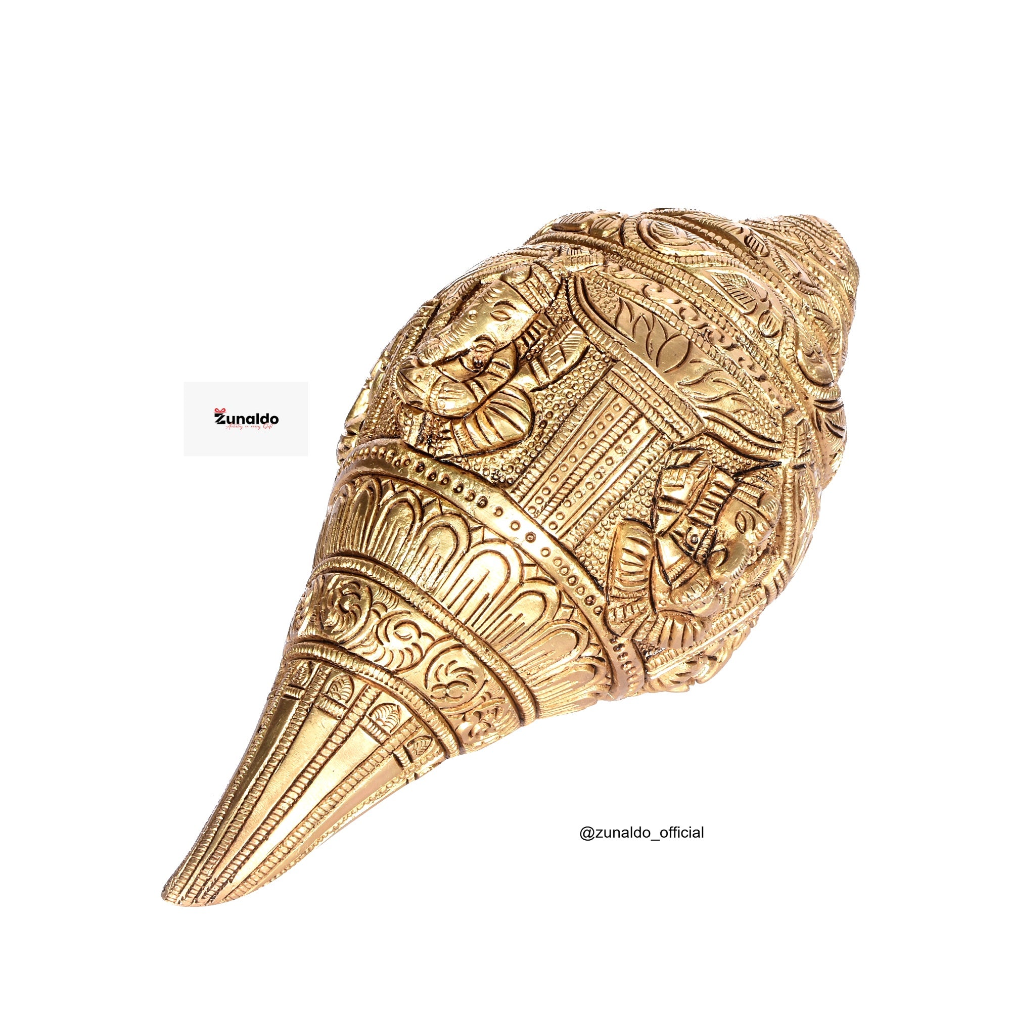 Handcrafted Brass Ganesh  Engraved Shankh – Antique Finish Decorative Conch (8 inch)