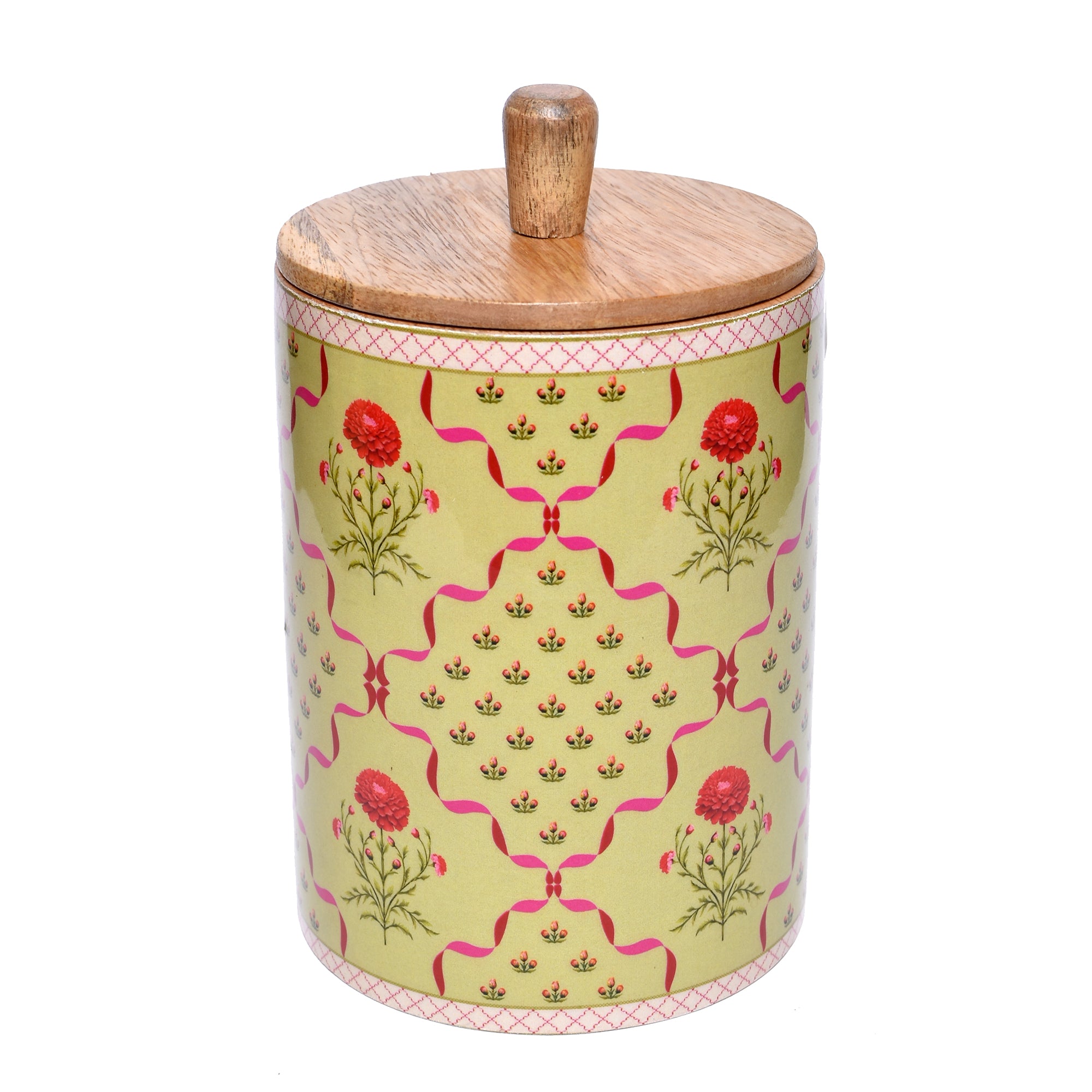 Floral Ceramic Storage Jar with Wooden Lid – Marigold & Botanical Motifs | 4"x5"