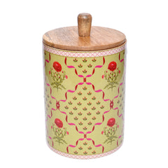 Floral Ceramic Storage Jar with Wooden Lid – Marigold & Botanical Motifs | 4"x5"