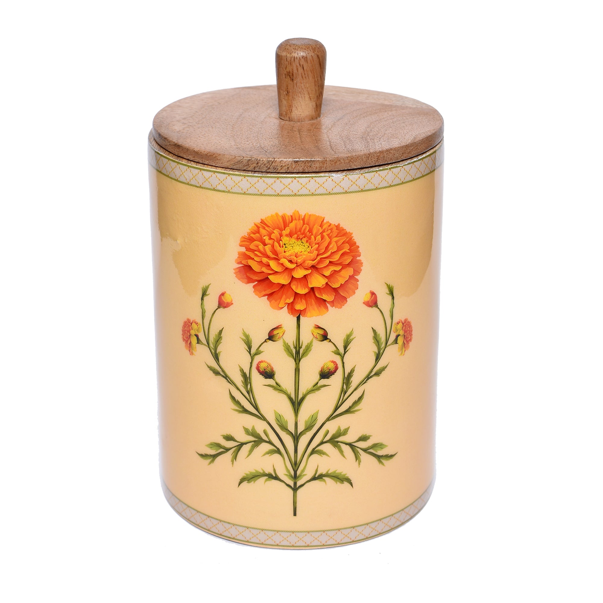 Floral Ceramic Storage Jar with Wooden Lid – Marigold & Botanical Motifs | 4"x5"
