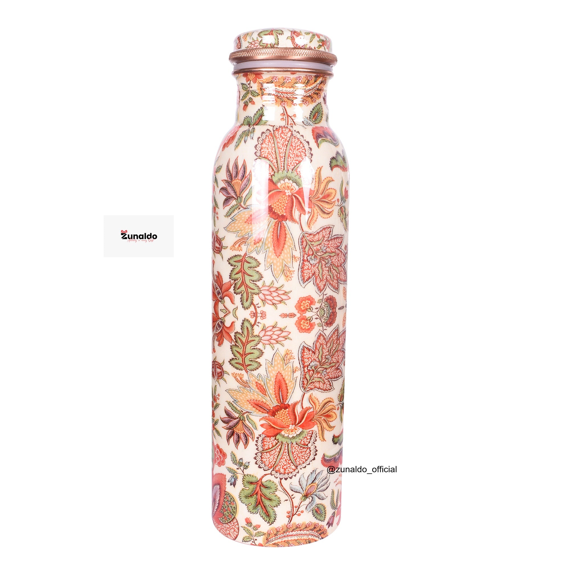 Floral Print Pure Copper Bottle – 900 ml | Handcrafted Ayurvedic Water Bottle by Zunaldo