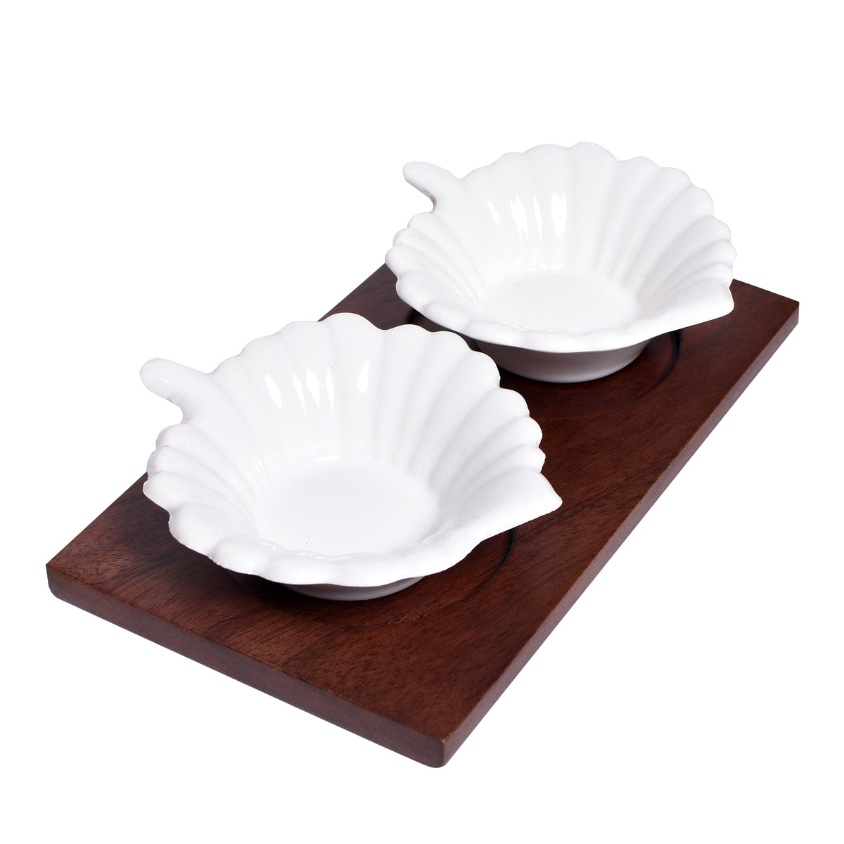 Shell-Shaped Ceramic Bowl Set with Wooden Tray – Elegant Serving Duo | 10"x5"