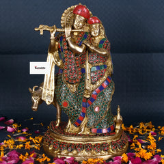Radha Krishna Idol with Cow – Handcrafted Brass Statue with Multicolor Stone Work (12 Inch)