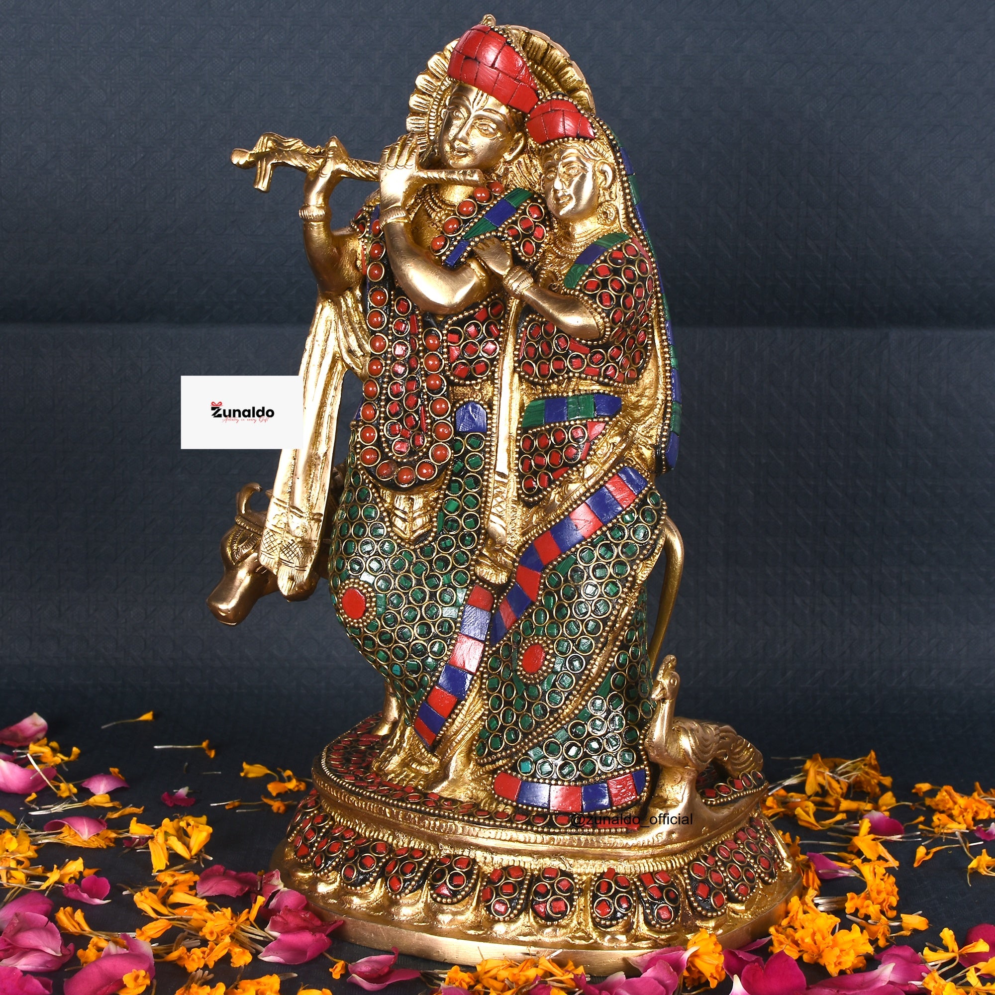 Radha Krishna Idol with Cow – Handcrafted Brass Statue with Multicolor Stone Work (12 Inch)