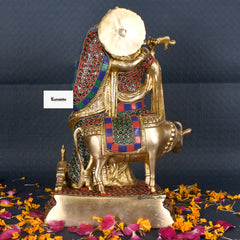 Radha Krishna Idol with Cow – Handcrafted Brass Statue with Multicolor Stone Work (12 Inch)