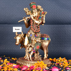 Lord Krishna with Cow – Pure Brass Statue with Multicolor Stone Work 10"