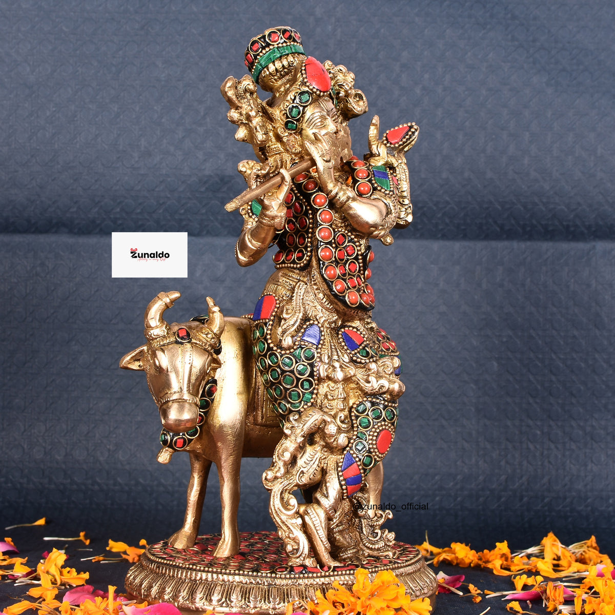 Lord Krishna with Cow – Pure Brass Statue with Multicolor Stone Work 10"