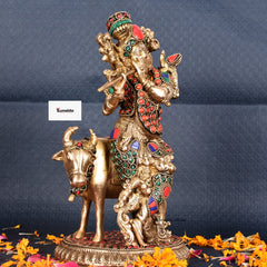 Lord Krishna with Cow – Pure Brass Statue with Multicolor Stone Work 10"