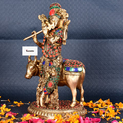 Lord Krishna with Cow – Pure Brass Statue with Multicolor Stone Work 10"