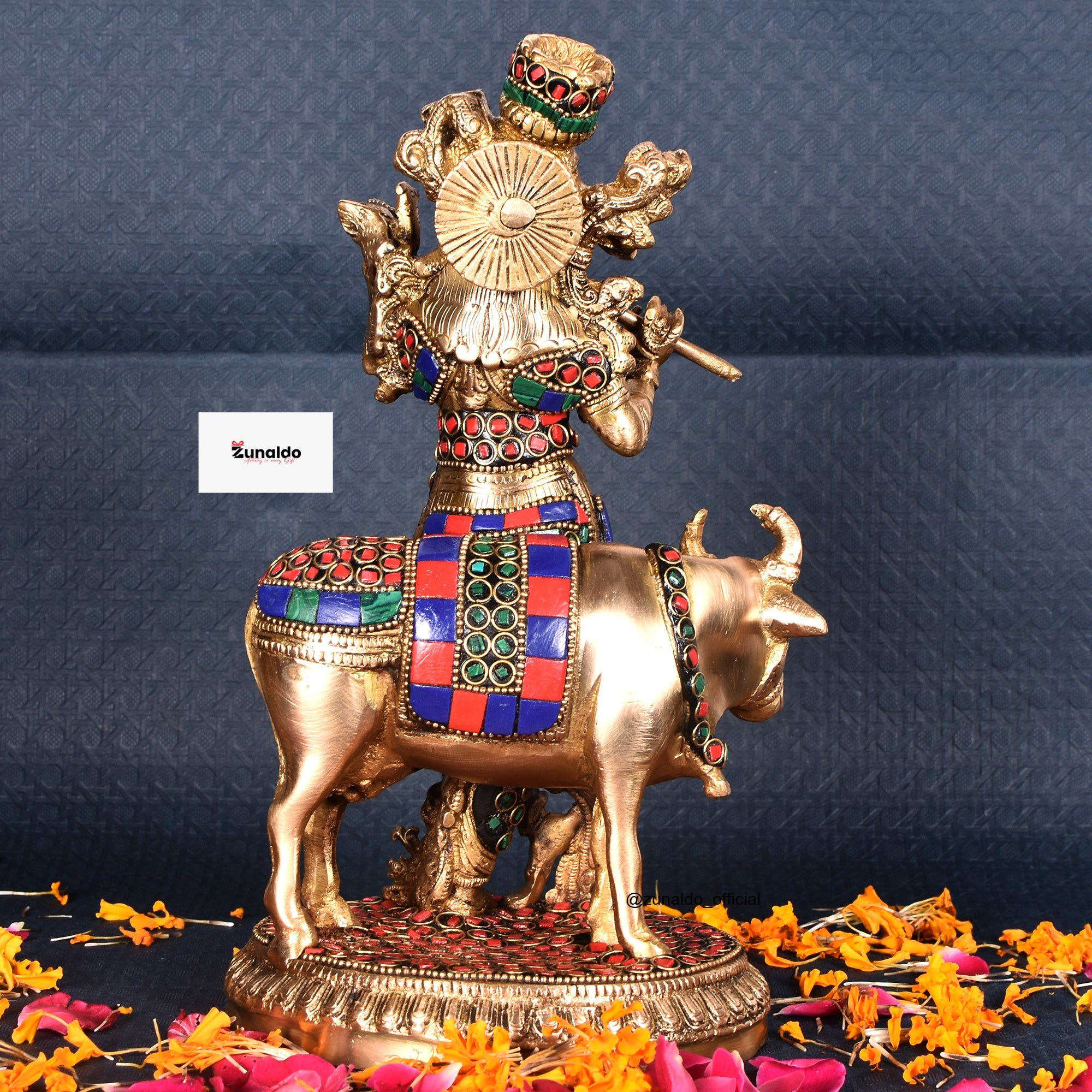 Lord Krishna with Cow – Pure Brass Statue with Multicolor Stone Work 10"