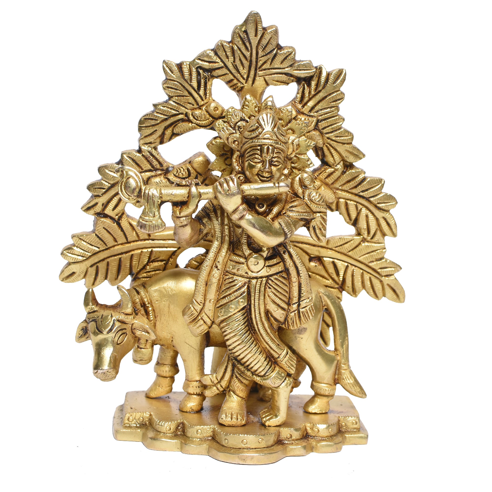 Brass Krishna Idol with Cow Under Tree _ 6 Inch