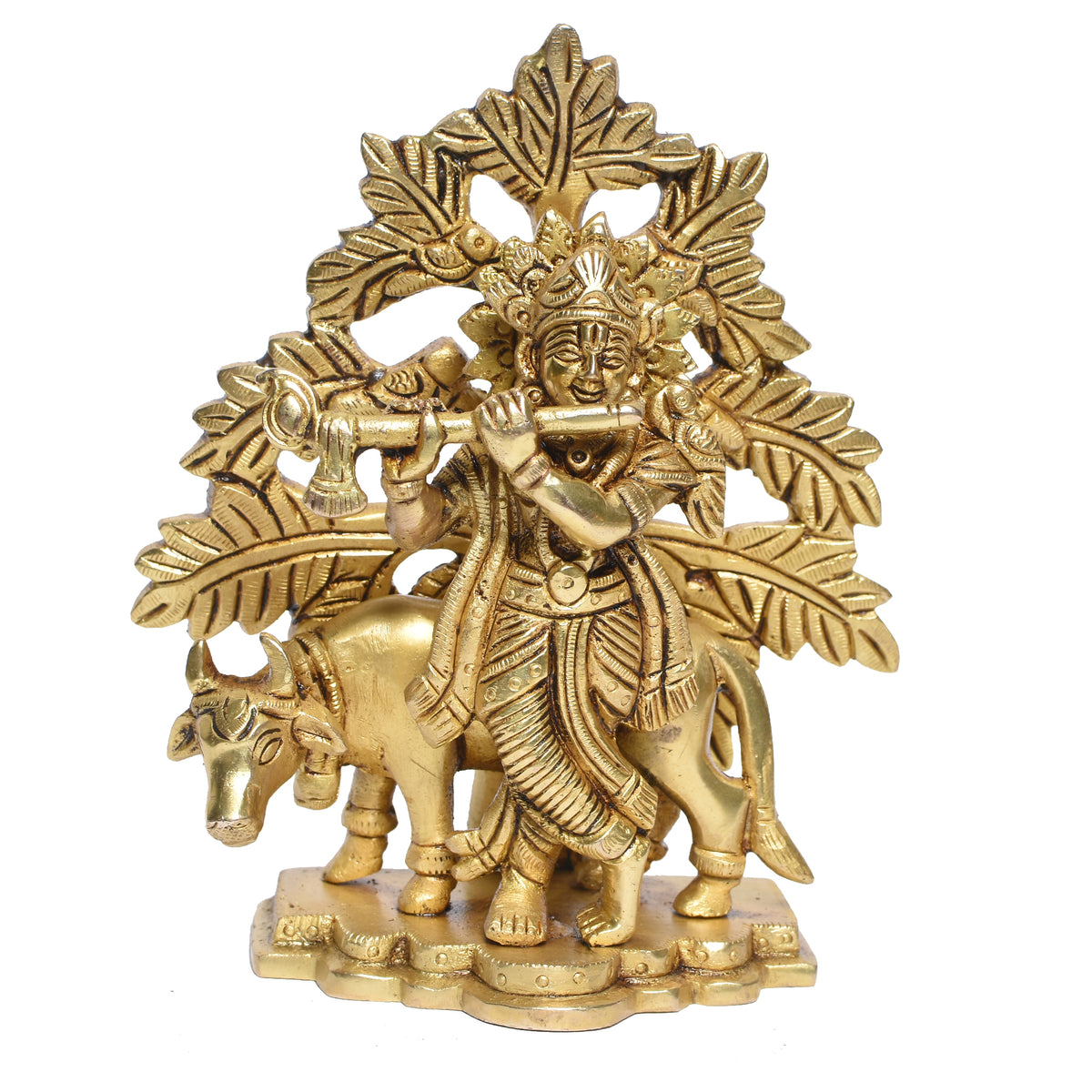 Brass Krishna Idol with Cow Under Tree _ 6 Inch