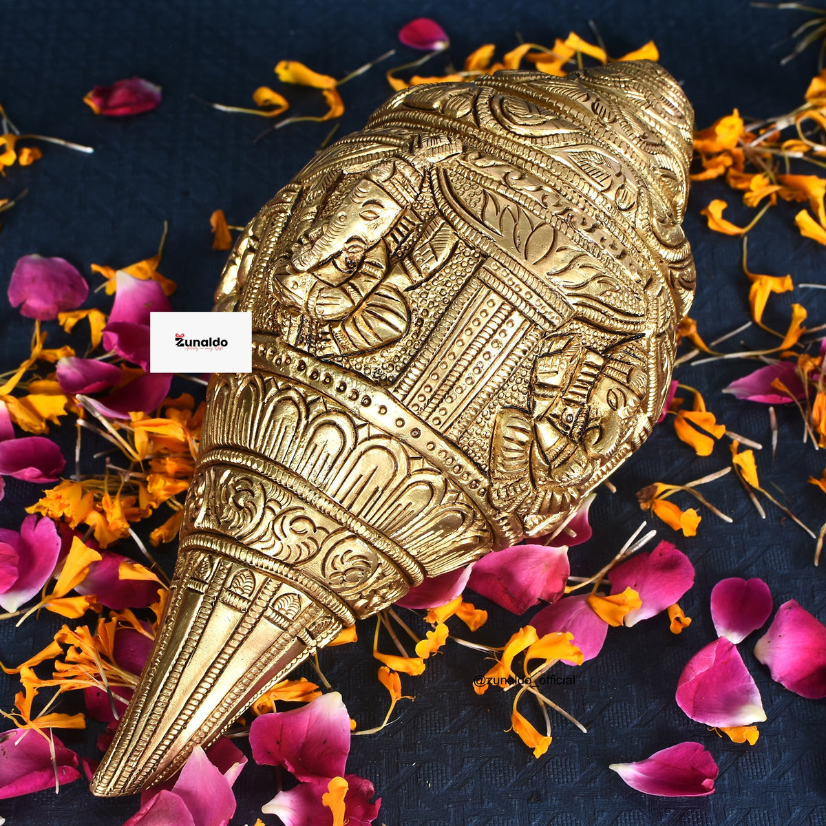 Handcrafted Brass Ganesh  Engraved Shankh – Antique Finish Decorative Conch (8 inch)