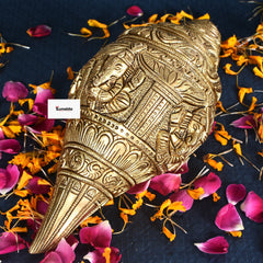 Handcrafted Brass Ganesh  Engraved Shankh – Antique Finish Decorative Conch (8 inch)