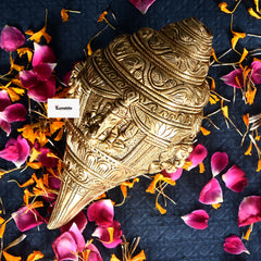 Handcrafted Brass Ganesh  Engraved Shankh – Antique Finish Decorative Conch (8 inch)