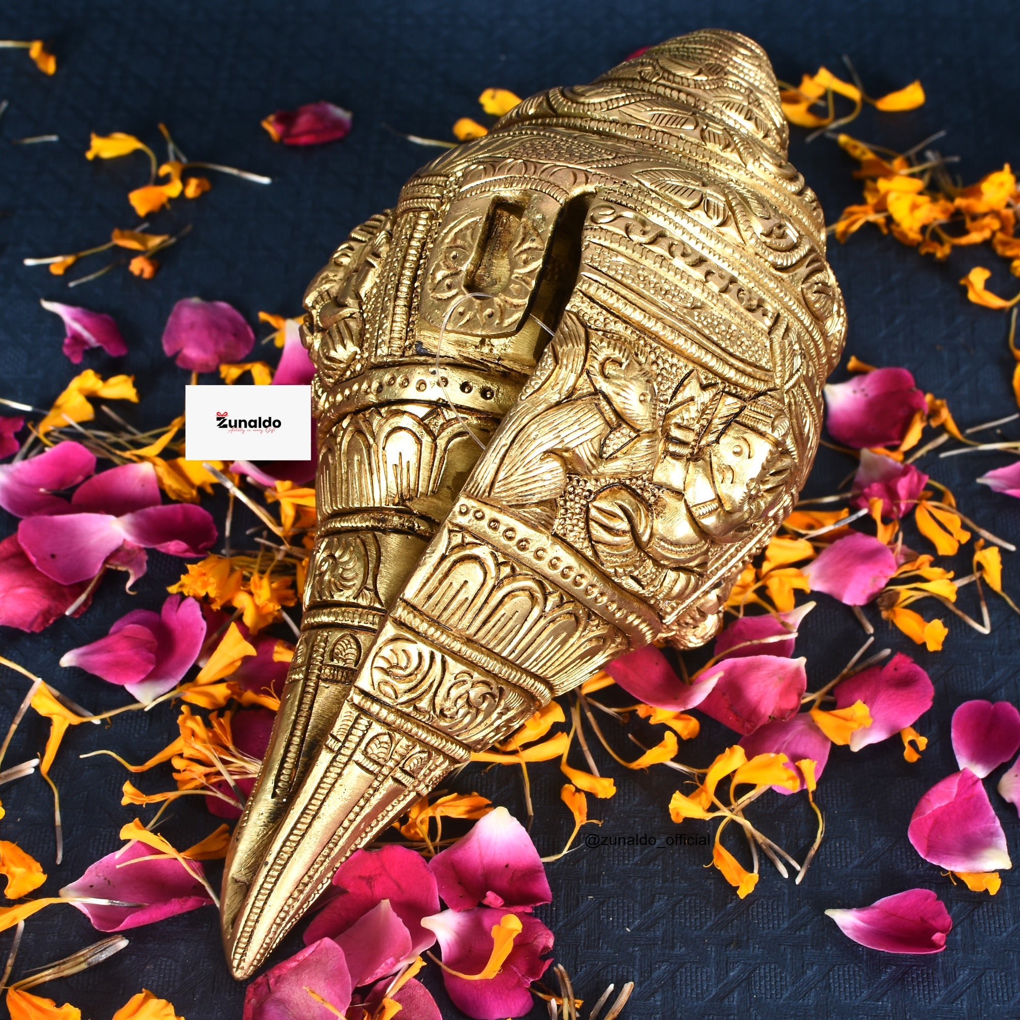 Handcrafted Brass Ganesh  Engraved Shankh – Antique Finish Decorative Conch (8 inch)
