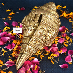 Handcrafted Brass Ganesh  Engraved Shankh – Antique Finish Decorative Conch (8 inch)