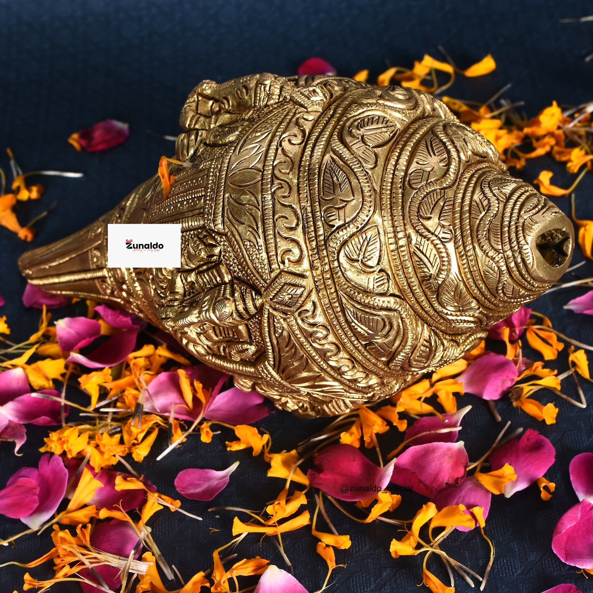 Handcrafted Brass Ganesh  Engraved Shankh – Antique Finish Decorative Conch (8 inch)