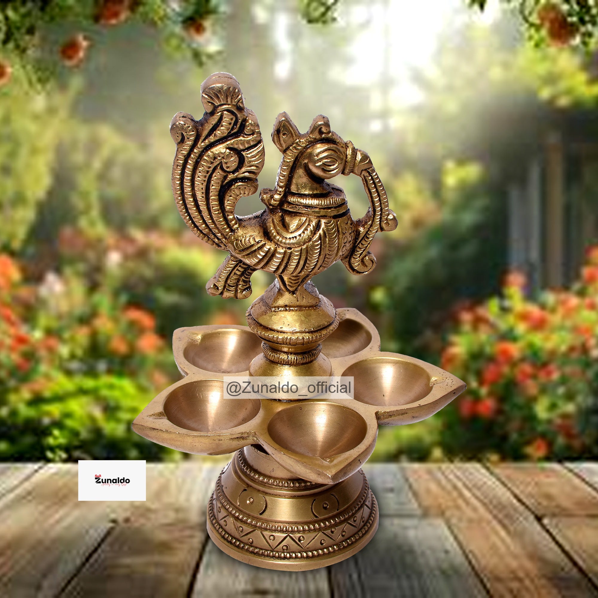 Brass Peacock Oil Lamp with Round Base 5.5 Inch