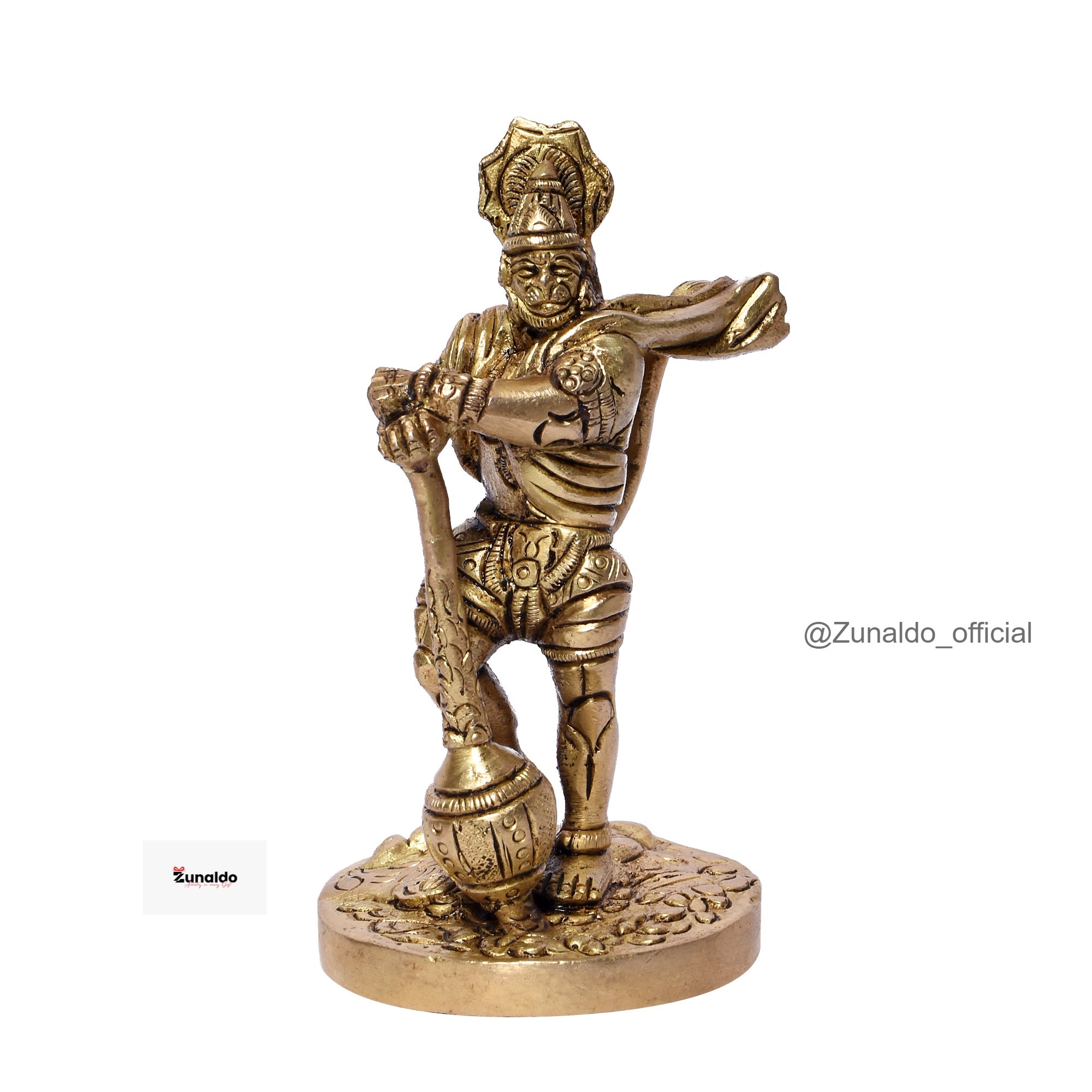 Brass Hanuman Standing on Rocky Base with Mace - 4 Inch