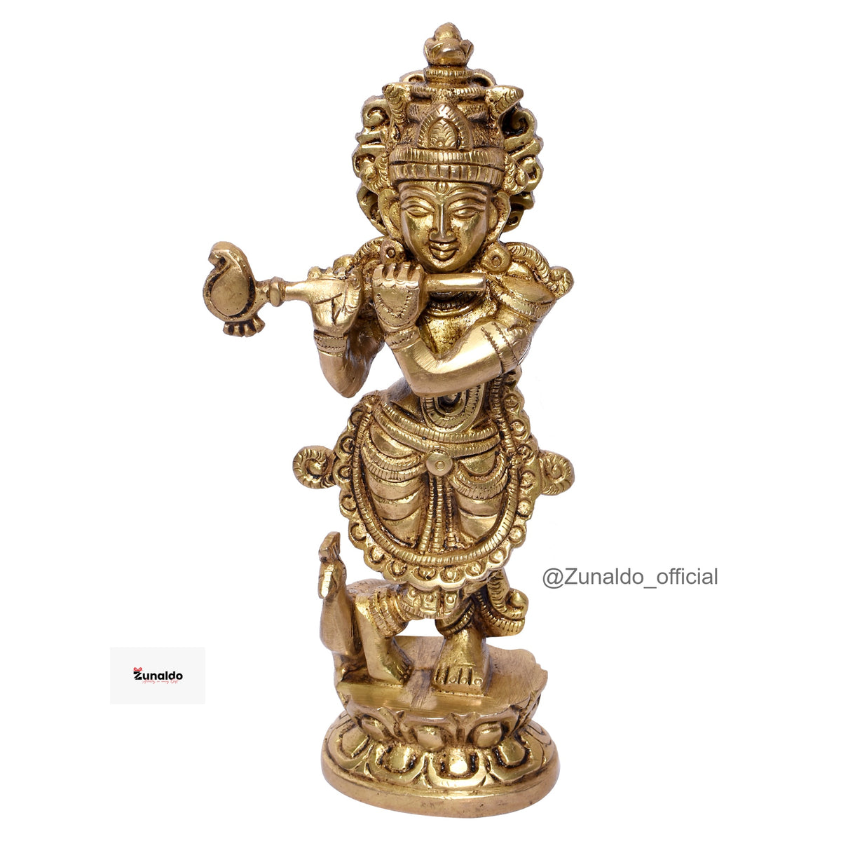 Brass Krishna Standing on Lotus Base with Peacock - 7 Inch