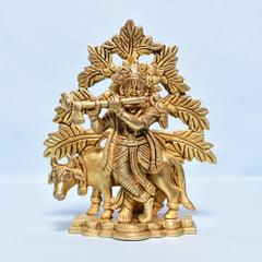 Brass Krishna Idol with Cow Under Tree _ 6 Inch