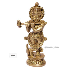 Brass Krishna Standing on Lotus Base with Peacock - 7 Inch