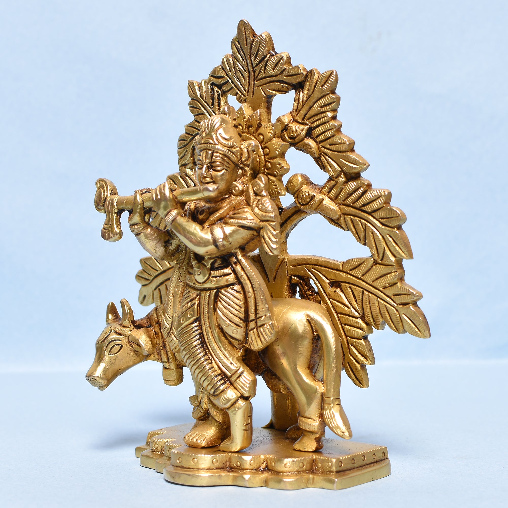 Brass Krishna Idol with Cow Under Tree _ 6 Inch