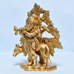 Brass Krishna Idol with Cow Under Tree _ 6 Inch