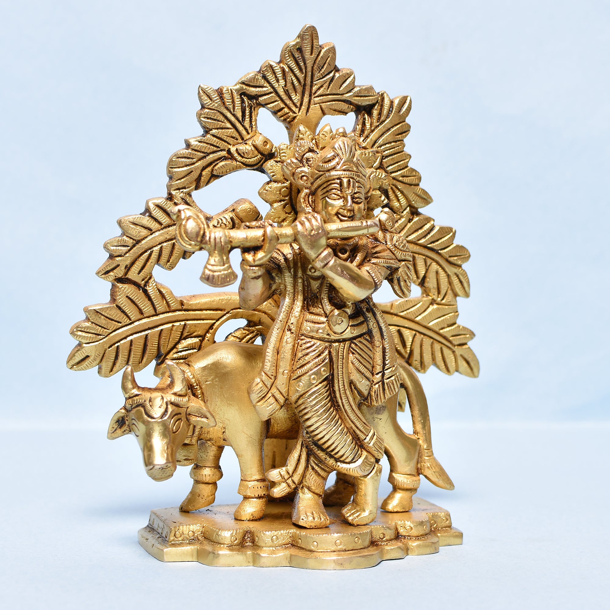 Brass Krishna Idol with Cow Under Tree _ 6 Inch