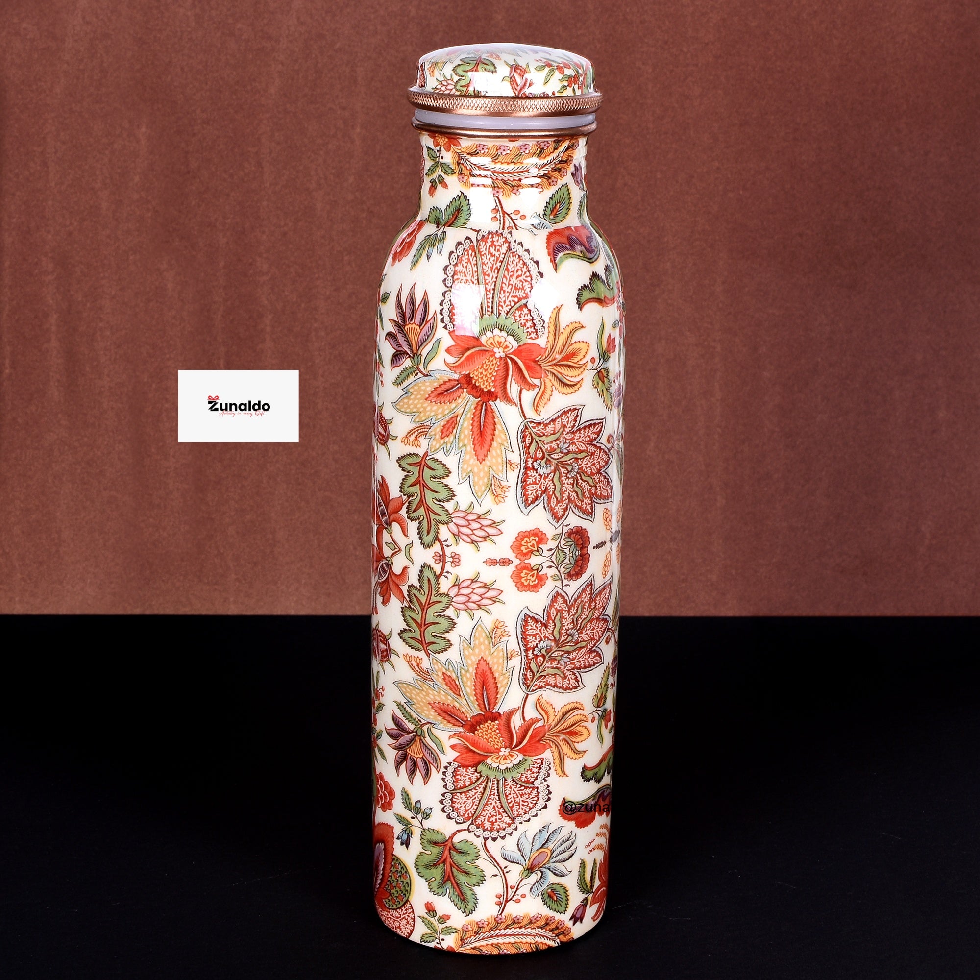 Floral Print Pure Copper Bottle – 900 ml | Handcrafted Ayurvedic Water Bottle by Zunaldo