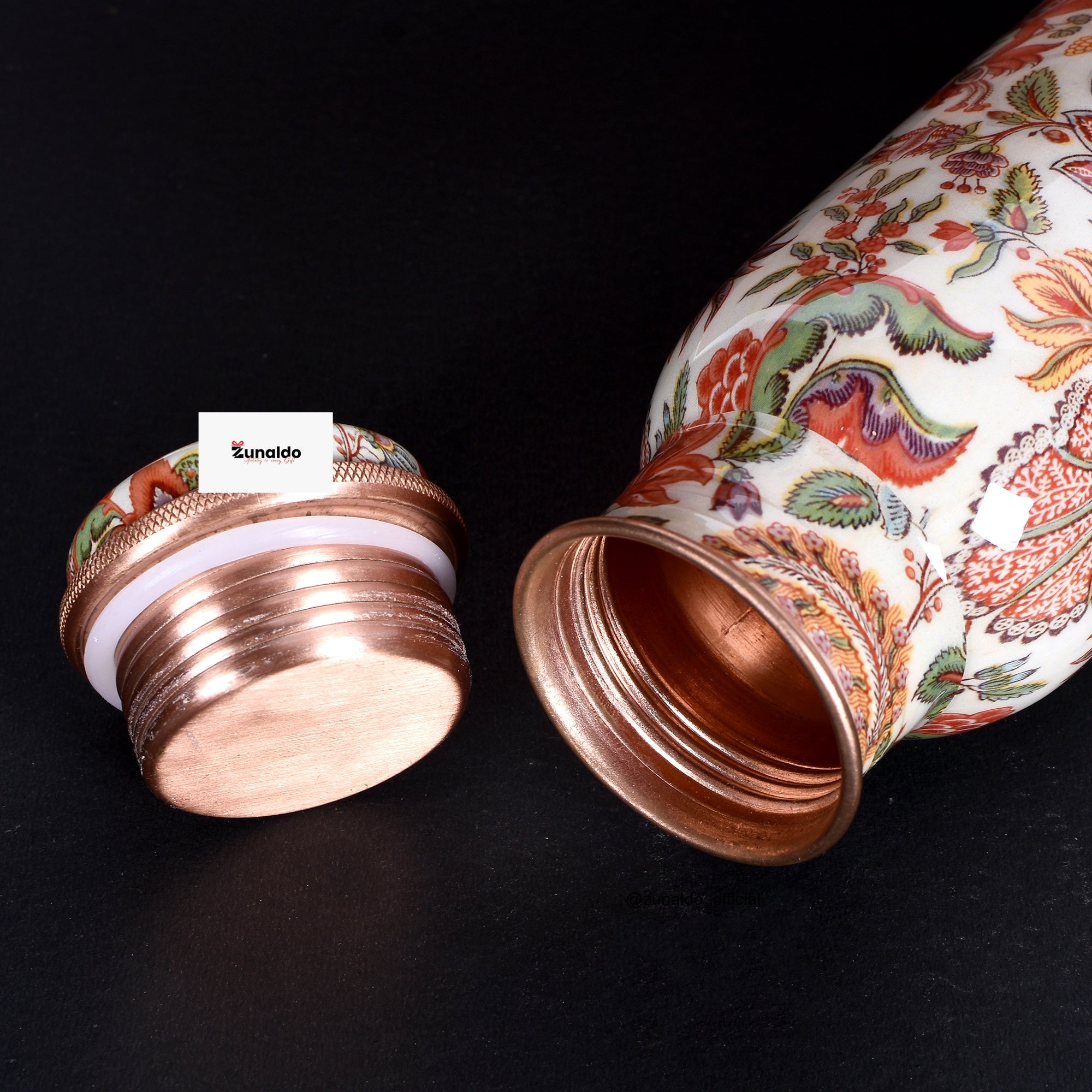 Floral Print Pure Copper Bottle – 900 ml | Handcrafted Ayurvedic Water Bottle by Zunaldo