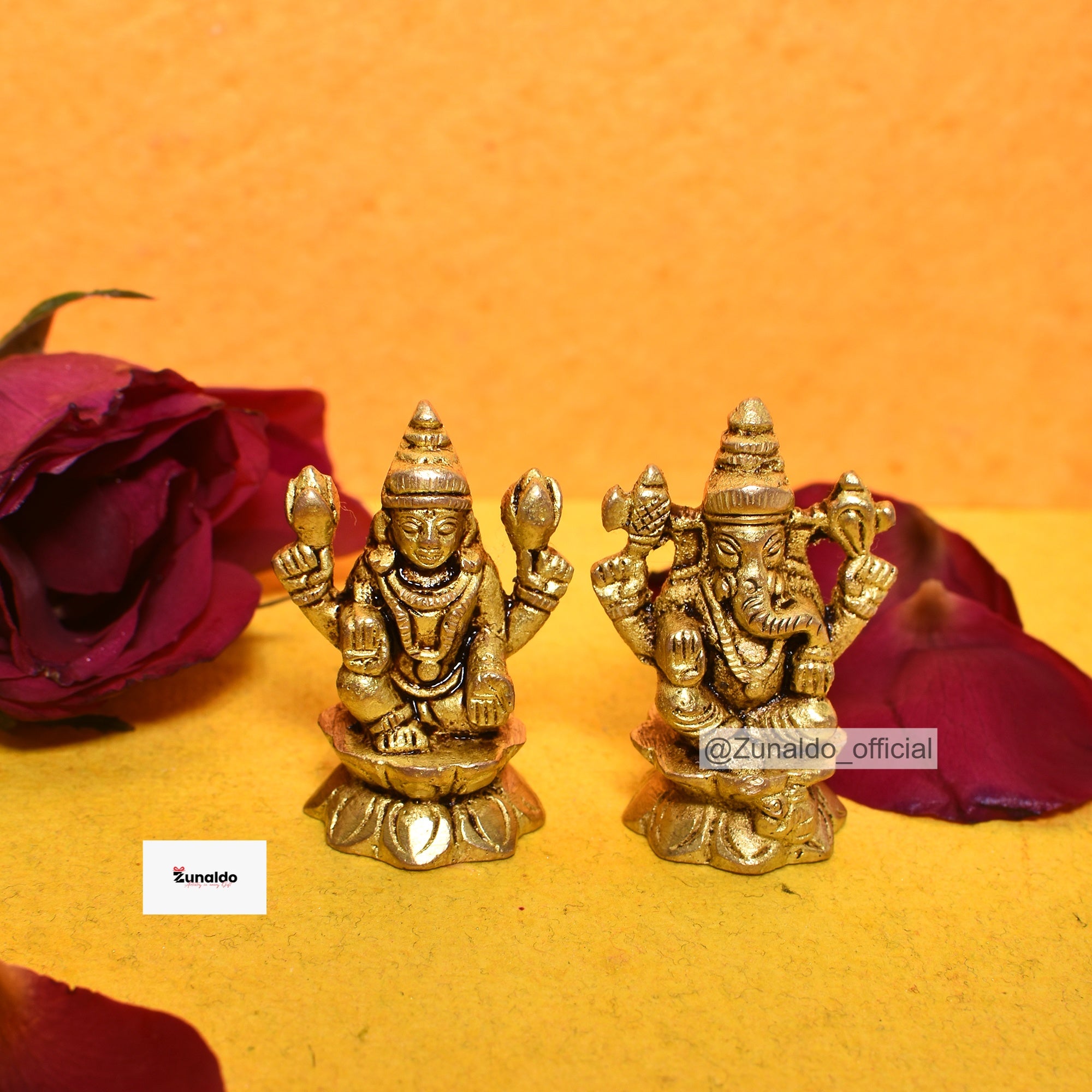 Brass Laxmi Ganesh on Flower in Gift Box - 1.5 Inch
